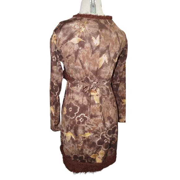 Y2K Brown Floral Mesh Dress with Fuzzy Knit Trim Long Sleeve Retro Layered S - Picture 6 of 11